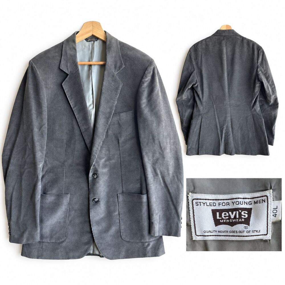 VTG 70s Levis Menswear Gray Corduroy Blazer Mens 40L Sport Coat Jacket 2 Button